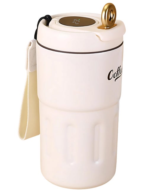 Twisoo Coffee Thermos with Smart Temperature Display, 500ml Stainless Steel Leak-Proof Travel Mug, Hot & Cold, Cream