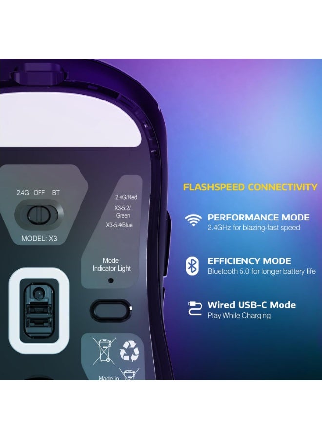 هجوم القرش ماوس ألعاب لاسلكي خفيف الوزن X3 مع وضع ثلاثي 2.4 جيجاهرتز/USB-C سلكي/بلوتوث، 26 ألف نقطة في البوصة، مستشعر بصري PAW3395، مفتاح Kailh GM8.0، 5 أزرار قابلة للبرمجة لأجهزة الكمبيوتر الشخصية/ويندوز/ماك - أسود - Image 4