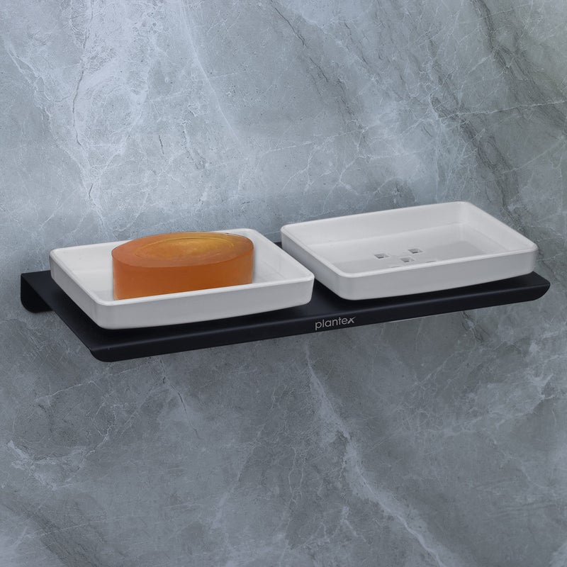 Plantex Stainless Steel with ABS Material Double Soap Dish/Soap Holder/Wall Mounted Soap Holder for Bathroom Accessories - Matt Black - Image 1