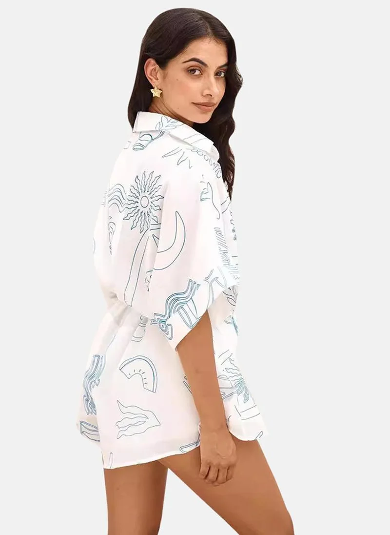 يونيكي White Printed Shirt Collar Jumpsuit