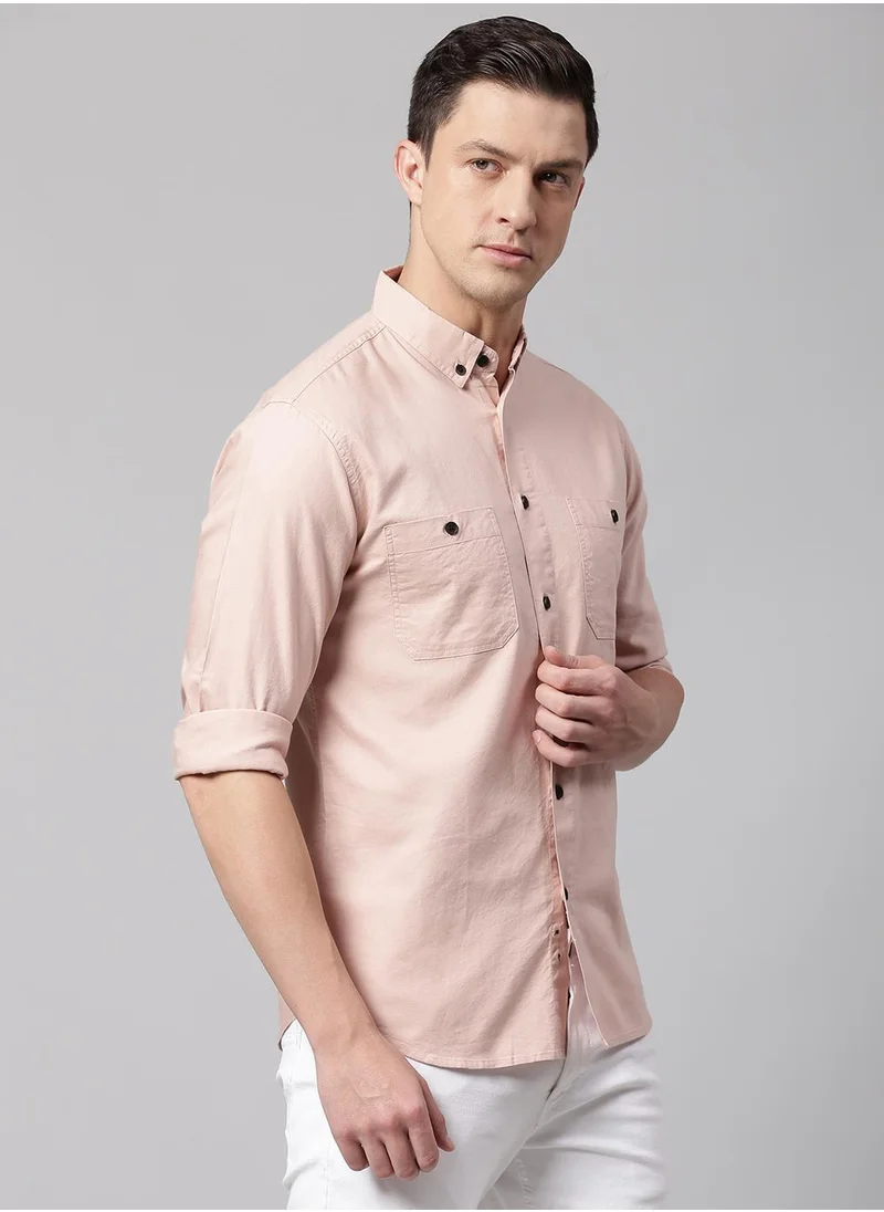 Dennis Lingo Men's Peach 100% Cotton Solid Button Down Regular Fit Shirt