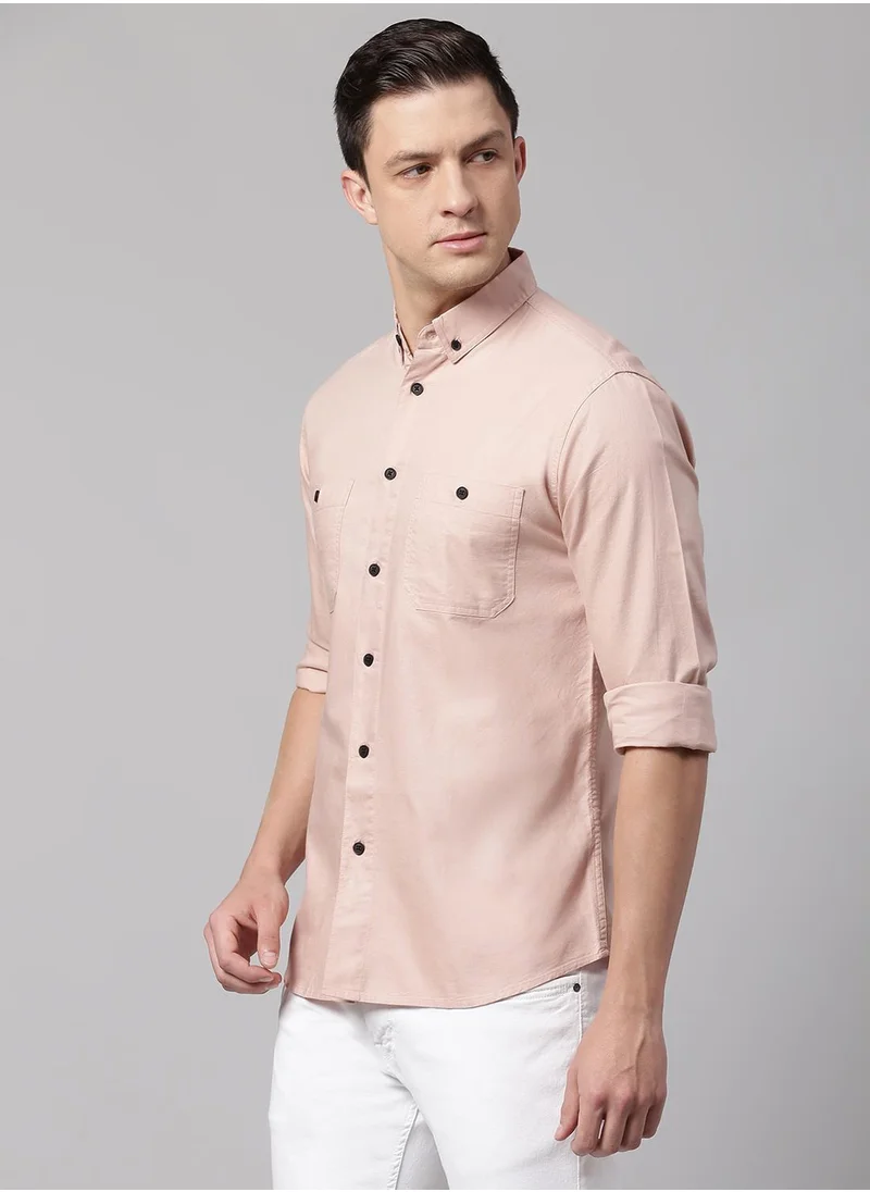 Dennis Lingo Men's Peach 100% Cotton Solid Button Down Regular Fit Shirt