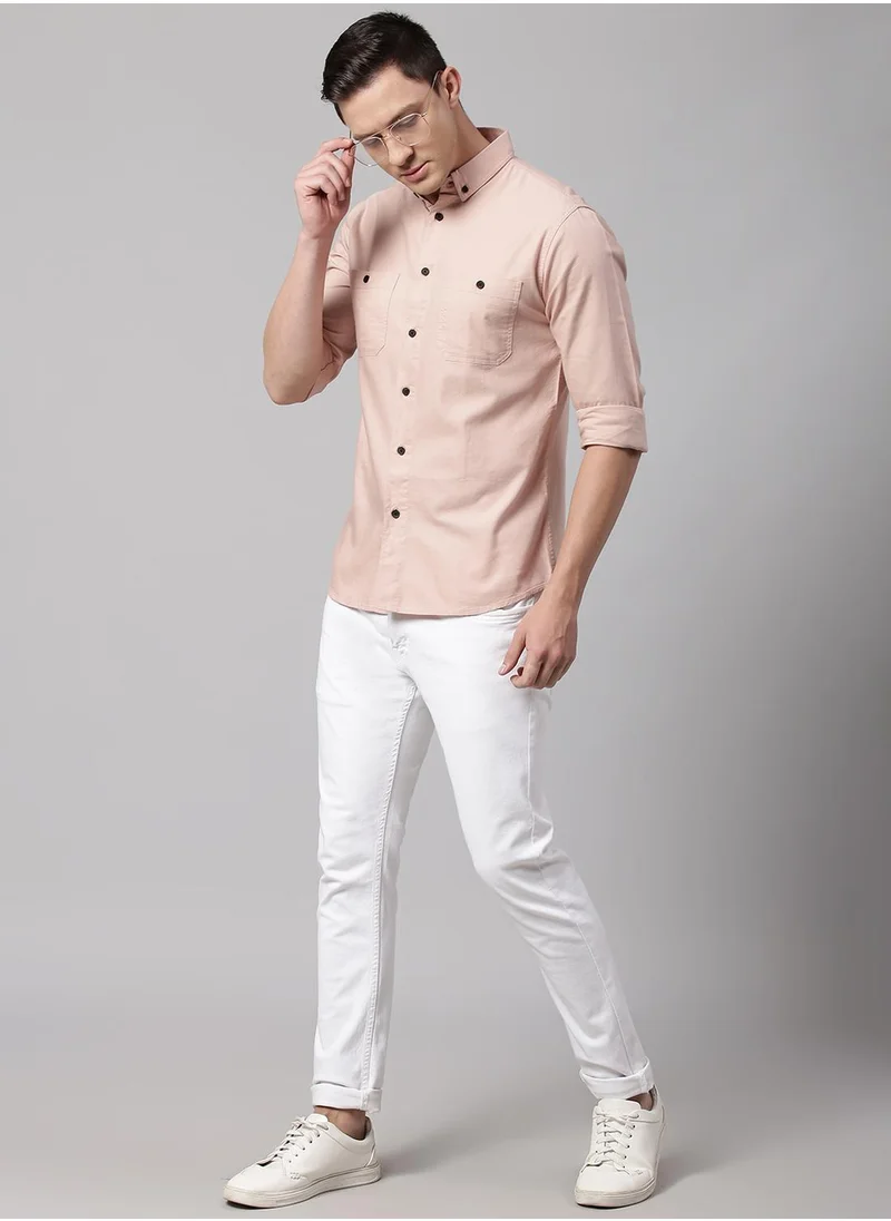 Dennis Lingo Men's Peach 100% Cotton Solid Button Down Regular Fit Shirt