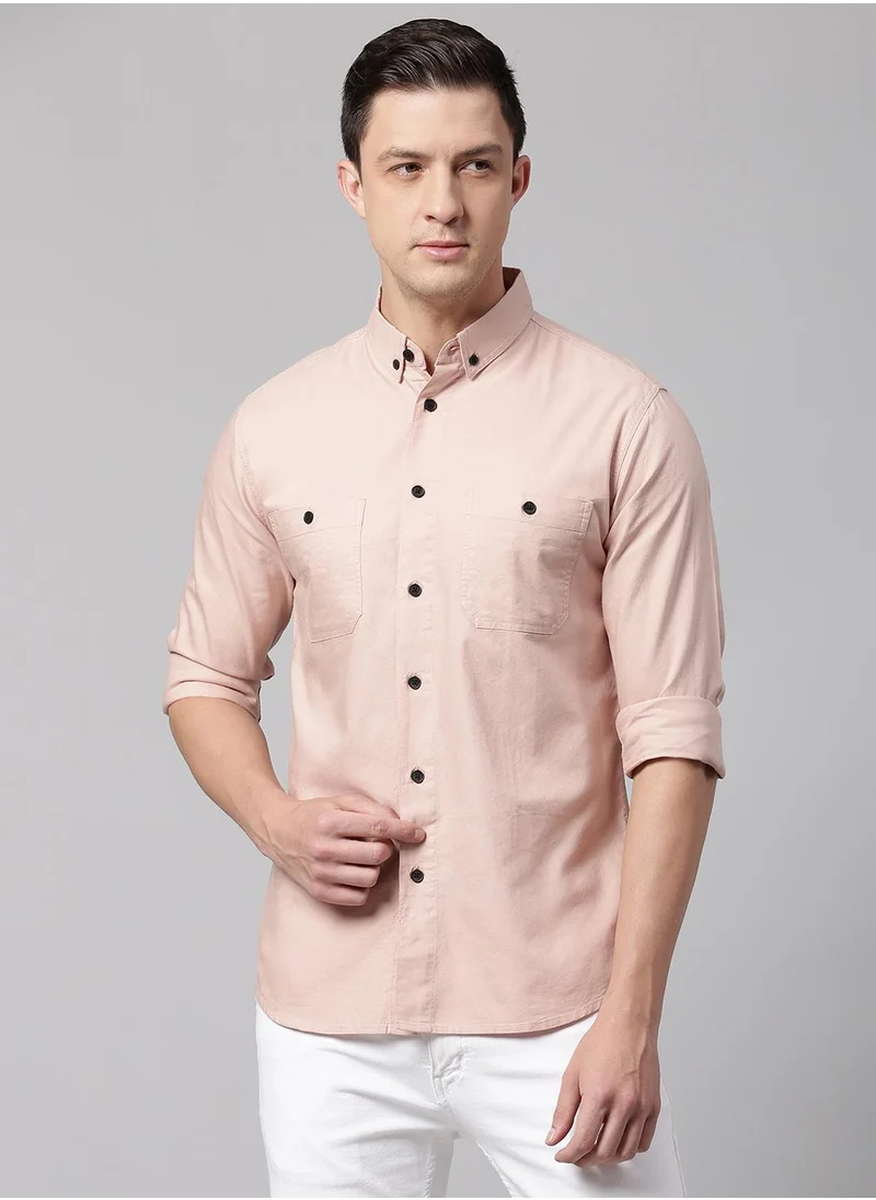 Dennis Lingo Men's Peach 100% Cotton Solid Button Down Regular Fit Shirt