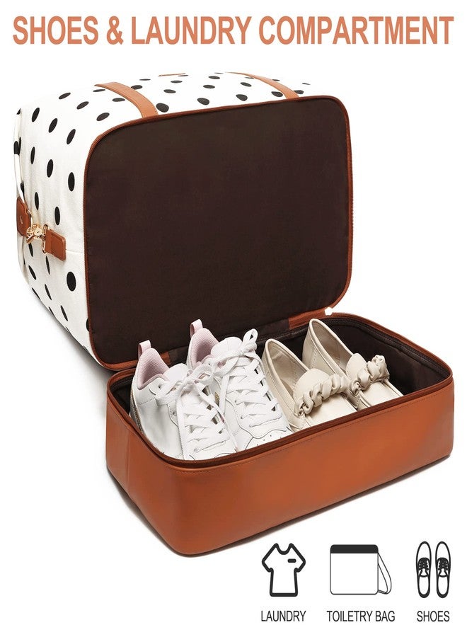 Bosidu 3Pcs Set Polka Dots Weekender Bags for Women Canvas Carry On Overnight Bag Travel Duffle Tote Bag for with Shoes Compartment, Brown - Image 3