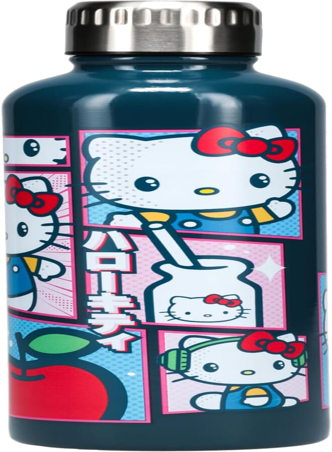 Paladone Hello Kitty Official Licensed Pink and Blue Colorful Metal Water Bottle Sanrio Leak-Proof Travel Tumbler Fits Standard Cup Holder, Gift and Office Decor