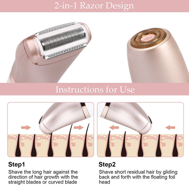 Hatteker Electric Razors for Women - Painless 2-in-1 Shaver for Women Hair Remover for Face, Legs and Underarm Wet & Dry, Portable Bikini Trimmer, Lady Hair Removal with 2 Trimmer Heads- Micro USB Recharge - Image 2