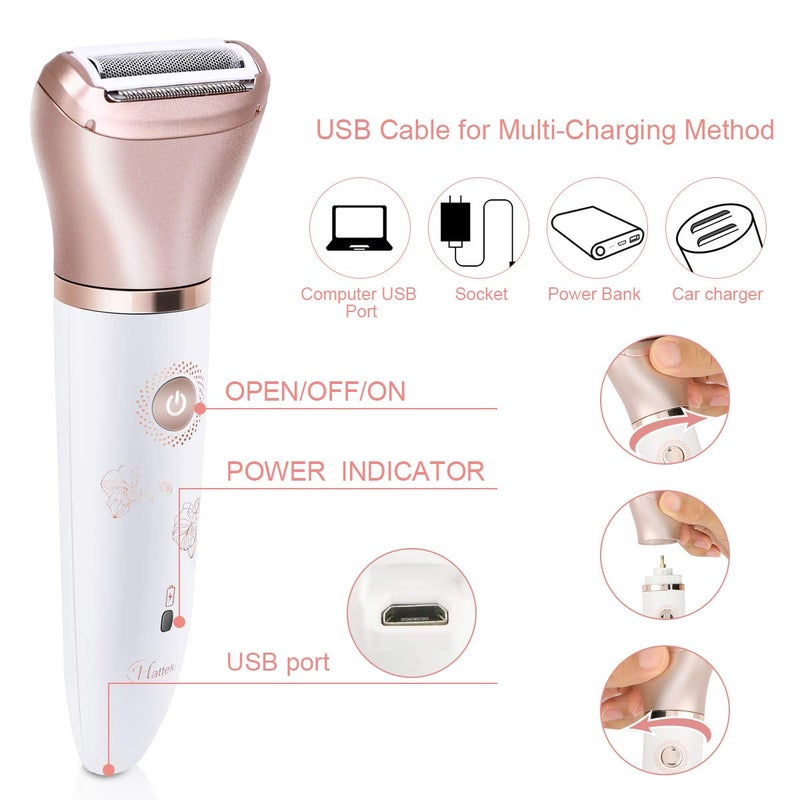 Hatteker Electric Razors for Women - Painless 2-in-1 Shaver for Women Hair Remover for Face, Legs and Underarm Wet & Dry, Portable Bikini Trimmer, Lady Hair Removal with 2 Trimmer Heads- Micro USB Recharge - Image 5