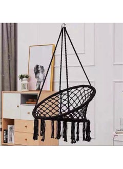 Hammock Chair, Hanging Swing with Macrame, Max 330 Lbs, Beige Hanging Cotton Rope Chair for Indoor, Outdoor, Bedroom, Patio, Yard, Deck, Garden and Porch, Black