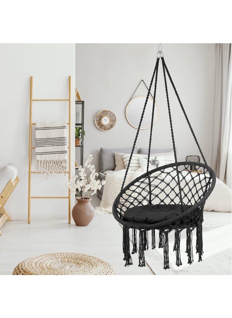 Arabest - Hammock Chair, Hanging Swing with Macrame, Max 330 Lbs, Beige Hanging Cotton Rope Chair for Indoor, Outdoor, Bedroom, Patio, Yard, Deck, Garden and Porch, Black - Image 1