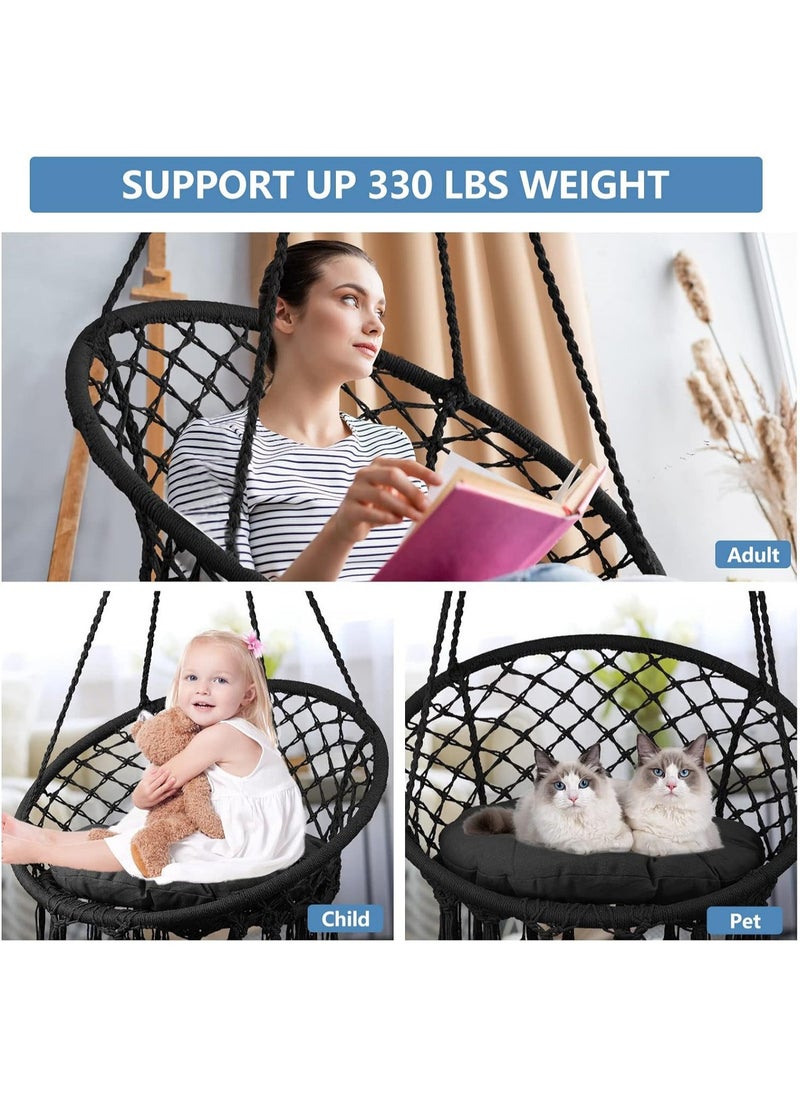 Arabest - Hammock Chair, Hanging Swing with Macrame, Max 330 Lbs, Beige Hanging Cotton Rope Chair for Indoor, Outdoor, Bedroom, Patio, Yard, Deck, Garden and Porch, Black - Image 1