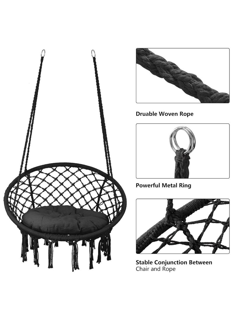 Arabest - Hammock Chair, Hanging Swing with Macrame, Max 330 Lbs, Beige Hanging Cotton Rope Chair for Indoor, Outdoor, Bedroom, Patio, Yard, Deck, Garden and Porch, Black - Image 1