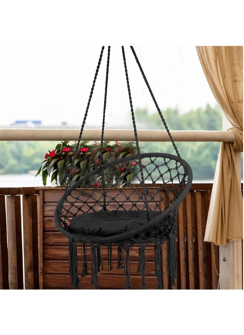 Arabest - Hammock Chair, Hanging Swing with Macrame, Max 330 Lbs, Beige Hanging Cotton Rope Chair for Indoor, Outdoor, Bedroom, Patio, Yard, Deck, Garden and Porch, Black - Image 1