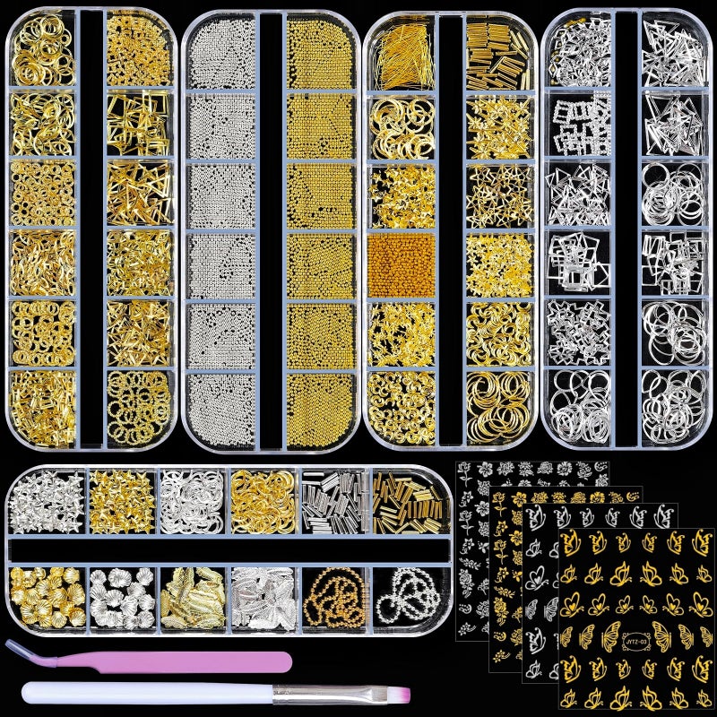 editTime 5 Boxes Gold Silver 3D Metal Punk Studs Star Moon Heart Triangle Ring Square Rivet Gems Nail Art Jewels and 4 Sheets Nail Stickers with a Curved Tweezers and a Nail Brush gold  silver