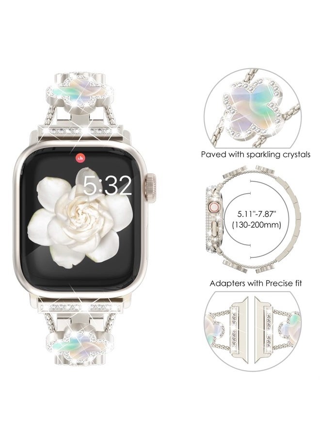 NewWays - Compatible for Apple Watch Band Series 8 Series 7 45mm 44mm SE Series 6 5 4 3 42mm, Sparkling Bling Diamonds Clover Leaf Bracelet for iWatch Band Womens, Starlight/Iridescent - Image 1