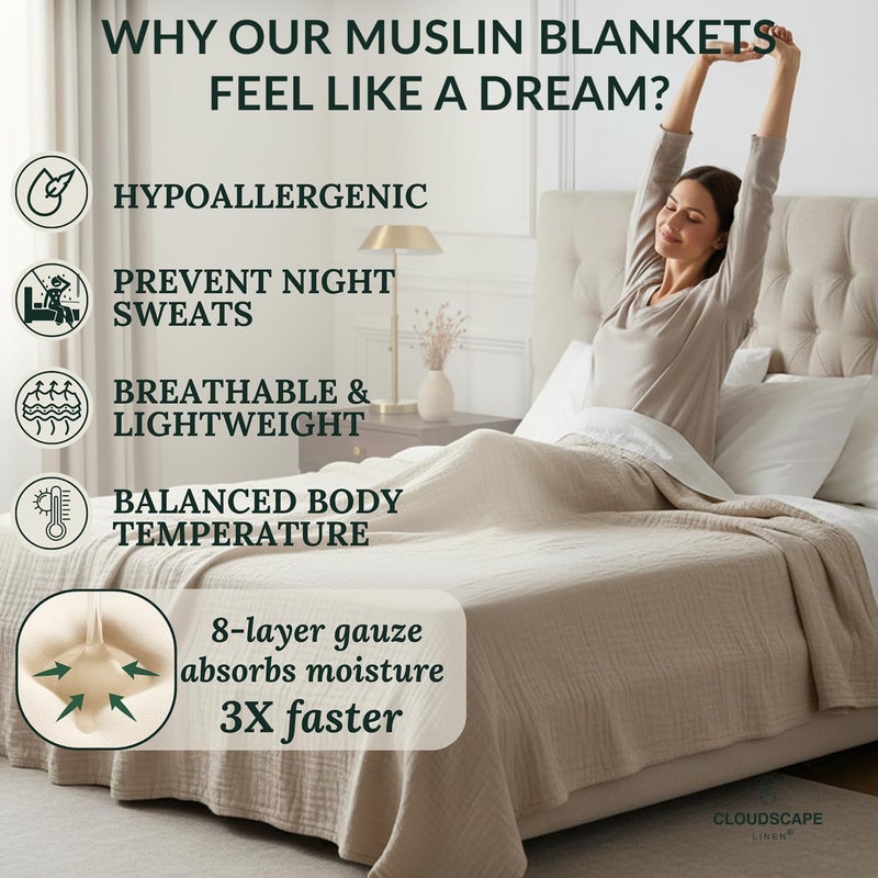 CloudScape Linen CLOUDSCAPE 8 Layer Muslin Blanket Queen Size for Adults - 100% Cotton Gauze Layering Summer Blanket, 92"x92" Fits Upto Full Size Bed, Heavyweight, Breathable Soft, All Season Spring - Fog - Image 4