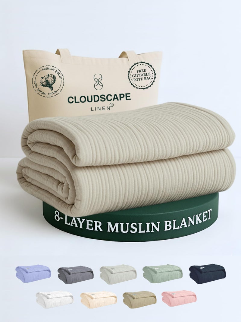 CloudScape Linen CLOUDSCAPE 8 Layer Muslin Blanket Queen Size for Adults - 100% Cotton Gauze Layering Summer Blanket, 92"x92" Fits Upto Full Size Bed, Heavyweight, Breathable Soft, All Season Spring - Fog - Image 1