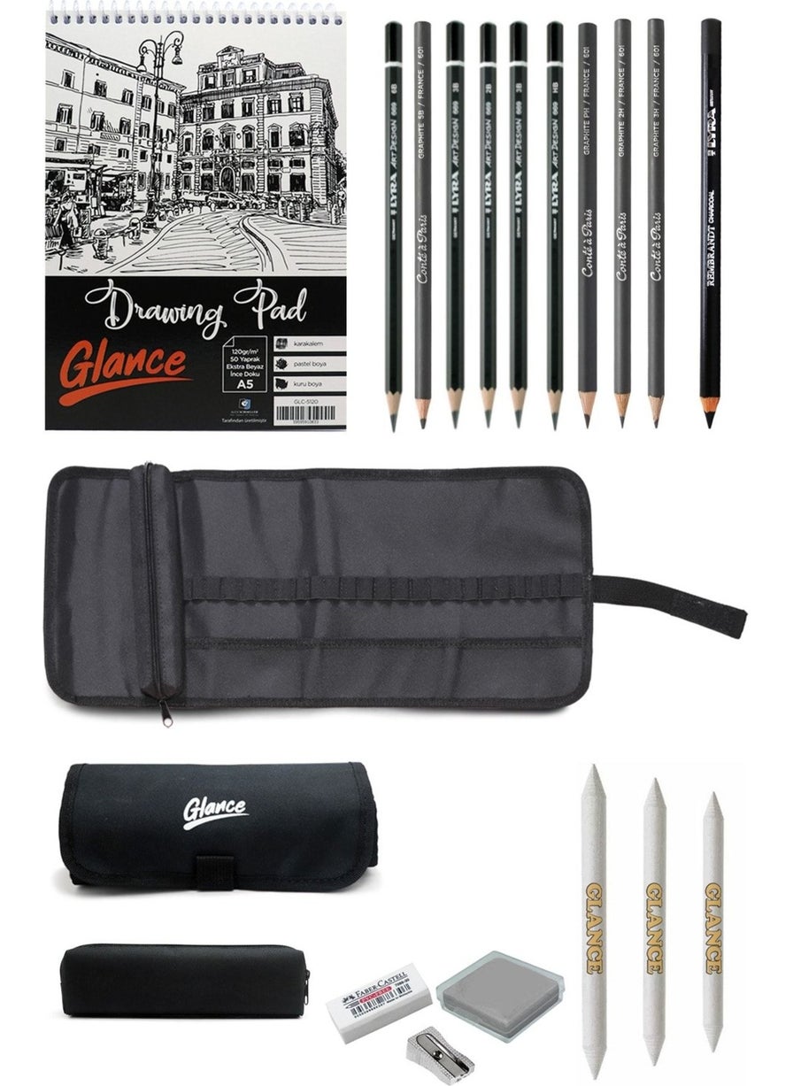 Glance Sketchbook A5 120 gr 50 Yp Conte A Paris Graded Pencil Charcoal Drawing Set with Cloth Bag 