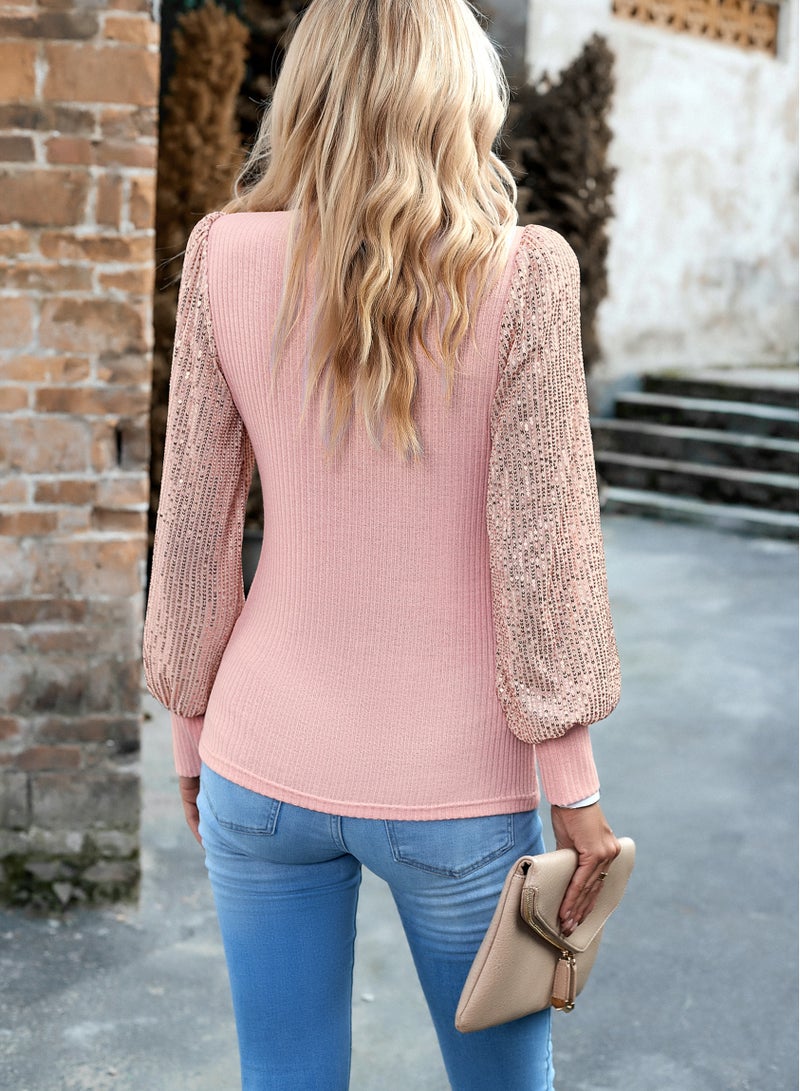Loquat Square Autumn Winter High Neck long Sleeve Sequin Knit Top Pink  - Image 2