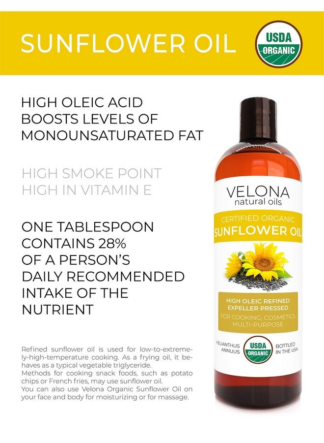 velona Usda Certified Organic Sunflower Oil 64 Oz | 100% Pure And Natural Carrier Oil | High Oleic Refined Cold Pressed | Cooking Skin Hair Body & Face Moisturizing | Use Today Enjoy Results - Image 3