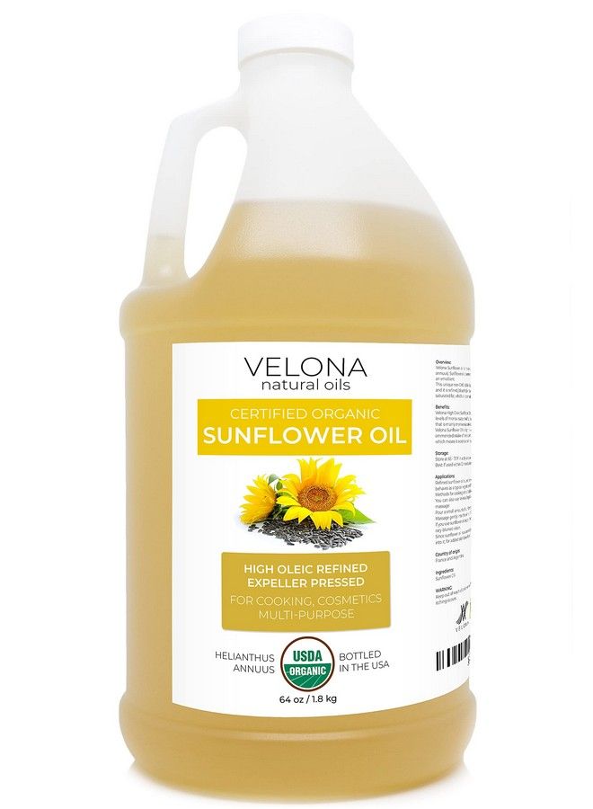 velona Usda Certified Organic Sunflower Oil 64 Oz | 100% Pure And Natural Carrier Oil | High Oleic Refined Cold Pressed | Cooking Skin Hair Body & Face Moisturizing | Use Today Enjoy Results - Image 1