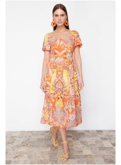 Orange Patterned A-Line Square Collar Slit Midi Lined Chiffon Woven Dress TWOSS23EL01846