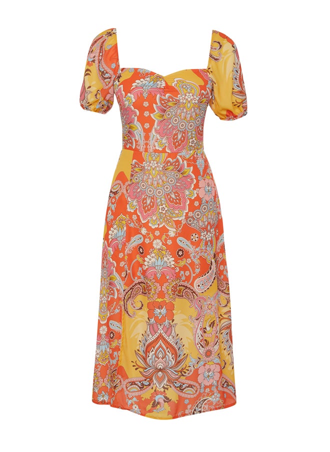 trendyol - Orange Patterned A-Line Square Collar Slit Midi Lined Chiffon Woven Dress TWOSS23EL01846 - Image 1