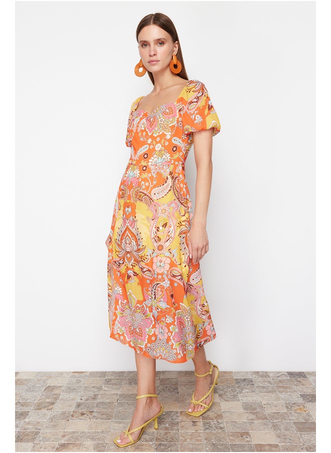 trendyol - Orange Patterned A-Line Square Collar Slit Midi Lined Chiffon Woven Dress TWOSS23EL01846 - Image 1