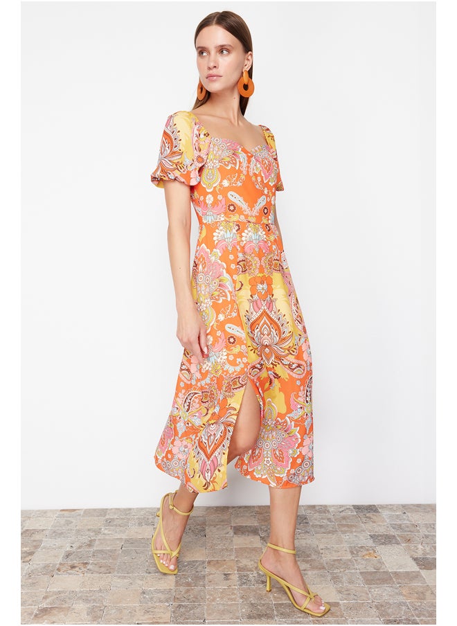 trendyol - Orange Patterned A-Line Square Collar Slit Midi Lined Chiffon Woven Dress TWOSS23EL01846 - Image 1