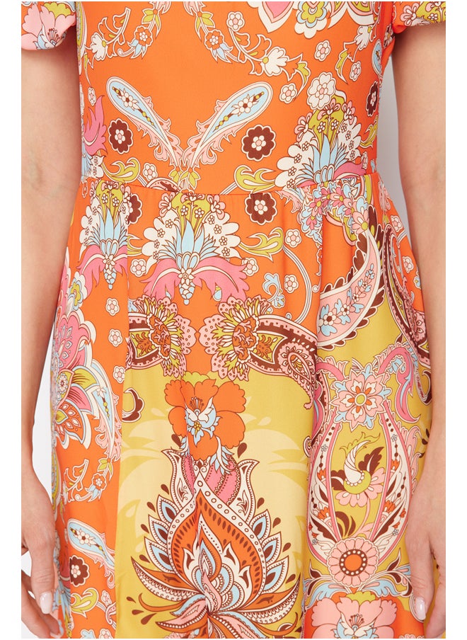 trendyol - Orange Patterned A-Line Square Collar Slit Midi Lined Chiffon Woven Dress TWOSS23EL01846 - Image 1