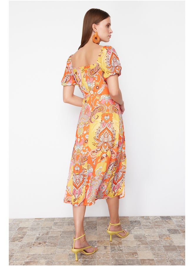 trendyol - Orange Patterned A-Line Square Collar Slit Midi Lined Chiffon Woven Dress TWOSS23EL01846 - Image 1
