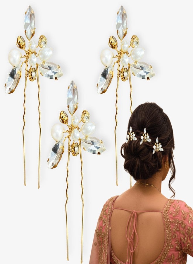 TEMPERIA (3pcs) Diamond Pearl U Pins Hair Accessories for Women & Girls | Stylish Hair Bun Accessories for Wedding, Party & Festive Hairstyles | Metal Hair Pins with Stylish Design - Image 1
