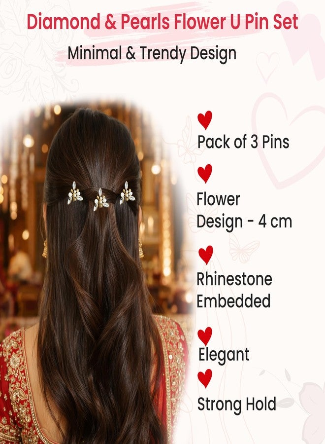 TEMPERIA (3pcs) Diamond Pearl U Pins Hair Accessories for Women & Girls | Stylish Hair Bun Accessories for Wedding, Party & Festive Hairstyles | Metal Hair Pins with Stylish Design - Image 2
