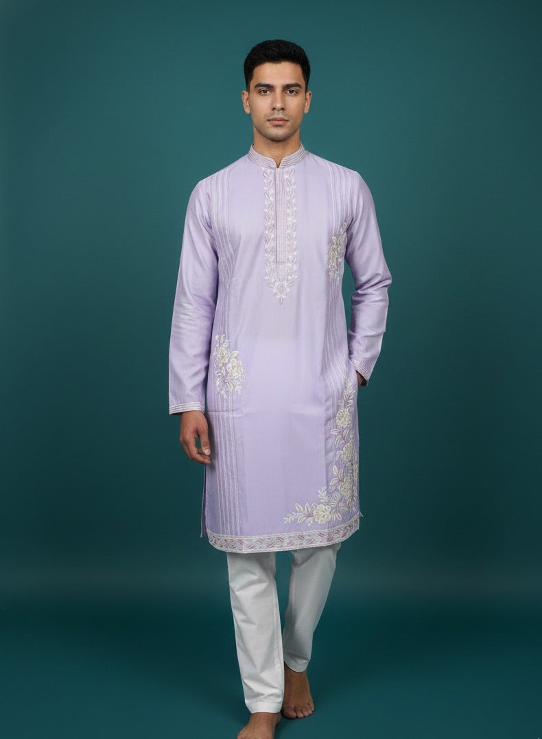 Lavender floral embroidered kurta set — Kurta Sets | Lehar Clothing UAE