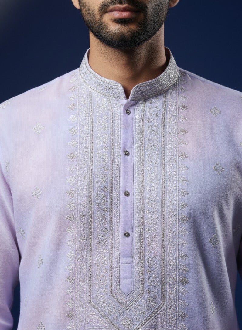 Lavender floral embroidered kurta set — Kurta Sets — view 2 | Lehar Clothing UAE