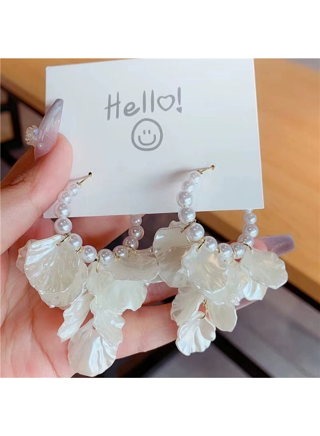 Goolsky Bohemian French Retro Pearl Petal Tassel Earrings Women's Luxury High-End Long Statement Stud Earrings Hypoallergenic Fashion Jewelry for Vacation - Image 2
