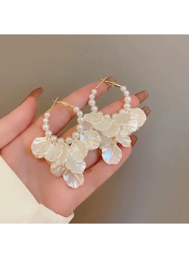 Goolsky Bohemian French Retro Pearl Petal Tassel Earrings Women's Luxury High-End Long Statement Stud Earrings Hypoallergenic Fashion Jewelry for Vacation - Image 4