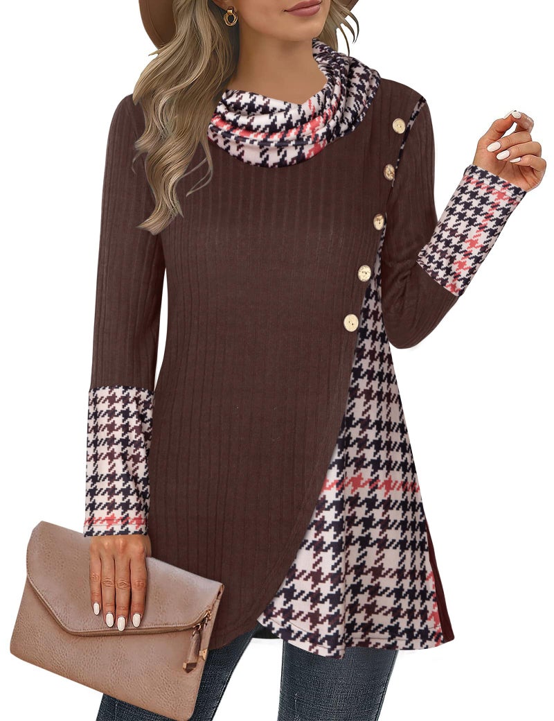Miusey Cowl Neck Tunic Sweaters Fall Tunic Tops for Women 2025 Winter Vintage Pullover Sweatshirts Dark Brown Black Plaid XXL - Image 1