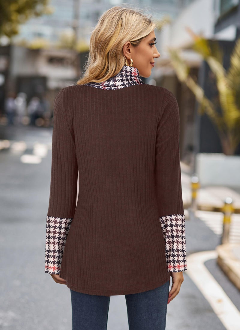 Miusey Cowl Neck Tunic Sweaters Fall Tunic Tops for Women 2025 Winter Vintage Pullover Sweatshirts Dark Brown Black Plaid XXL - Image 5