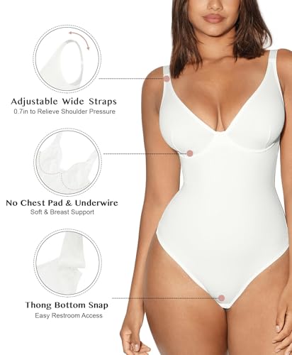 FeelinGirl White Body Suits Women Tummy Control Thong Shapewear Bodysuit for Women - Image 4