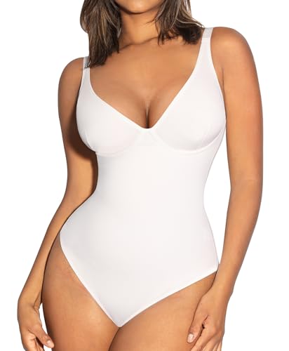 FeelinGirl White Body Suits Women Tummy Control Thong Shapewear Bodysuit for Women - Image 1