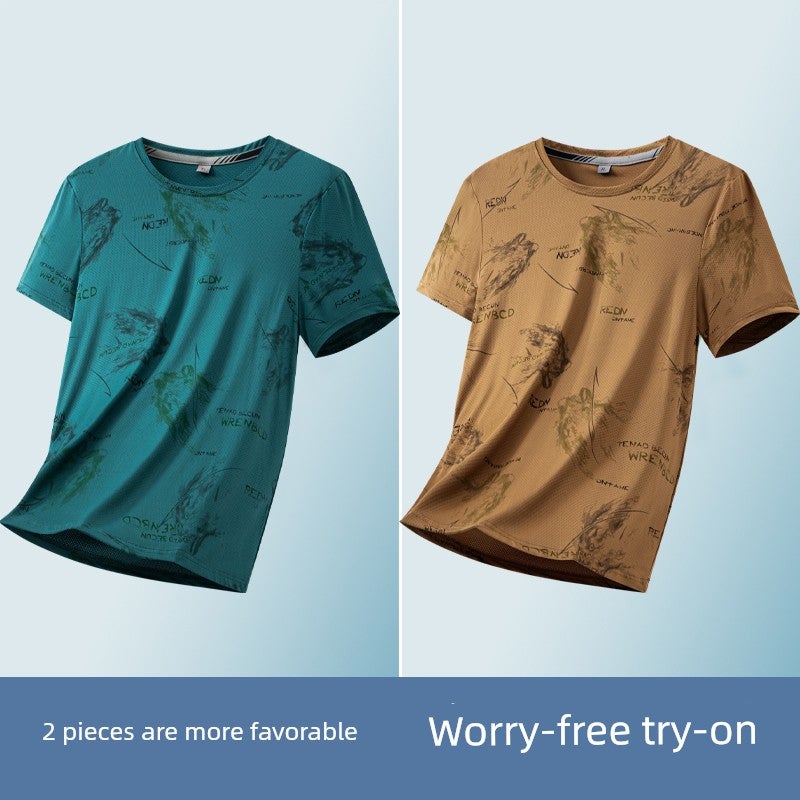 Ice silk short-sleeved T-shirt for men's summer thin trendy printed T-shirt, fashionable wrinkle-resistant ice-cold half-sleeved handsome top - Image 3