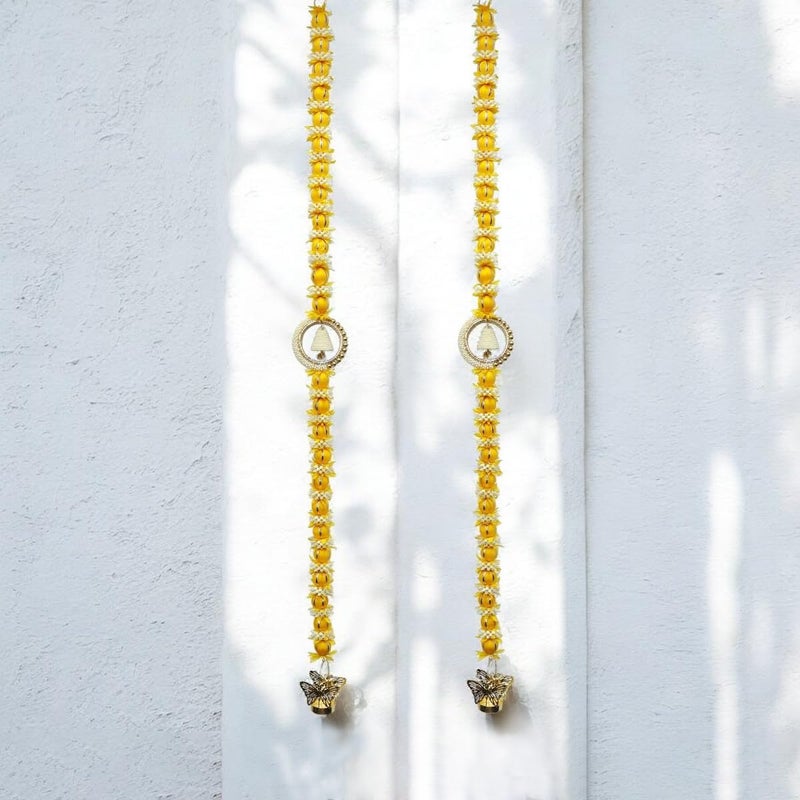 9Dzine Yellow Flower Full Door Decoration Items 2 Pcs 47 Inch Yellow Mini Ball Jasmine Buds Butterfly Candle Holder Hanging for Main Door Intrance Wall Home Dcor