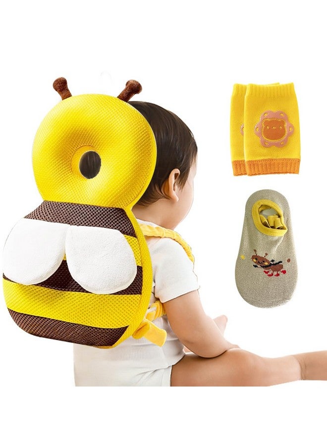 YumSur Baby Head Protector,Infant Fall Protection, Baby Head Protector Cushion Backpack with Baby Knee Pads Anti Slip Socks for Walking & Crawling (Yellow Bees) - Image 1