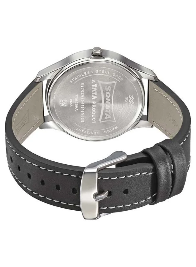 Sonata Round Shape Leather Band Analog Wrist Watch 77063SL07 41mm Black