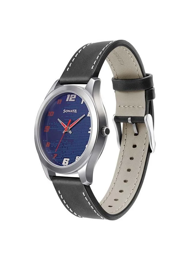 Sonata Round Shape Leather Band Analog Wrist Watch 77063SL07 41mm Black