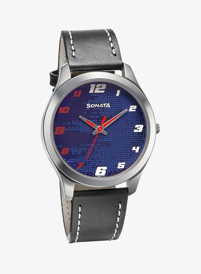 Sonata Round Shape Leather Band Analog Wrist Watch 77063SL07 - Black - Image 1