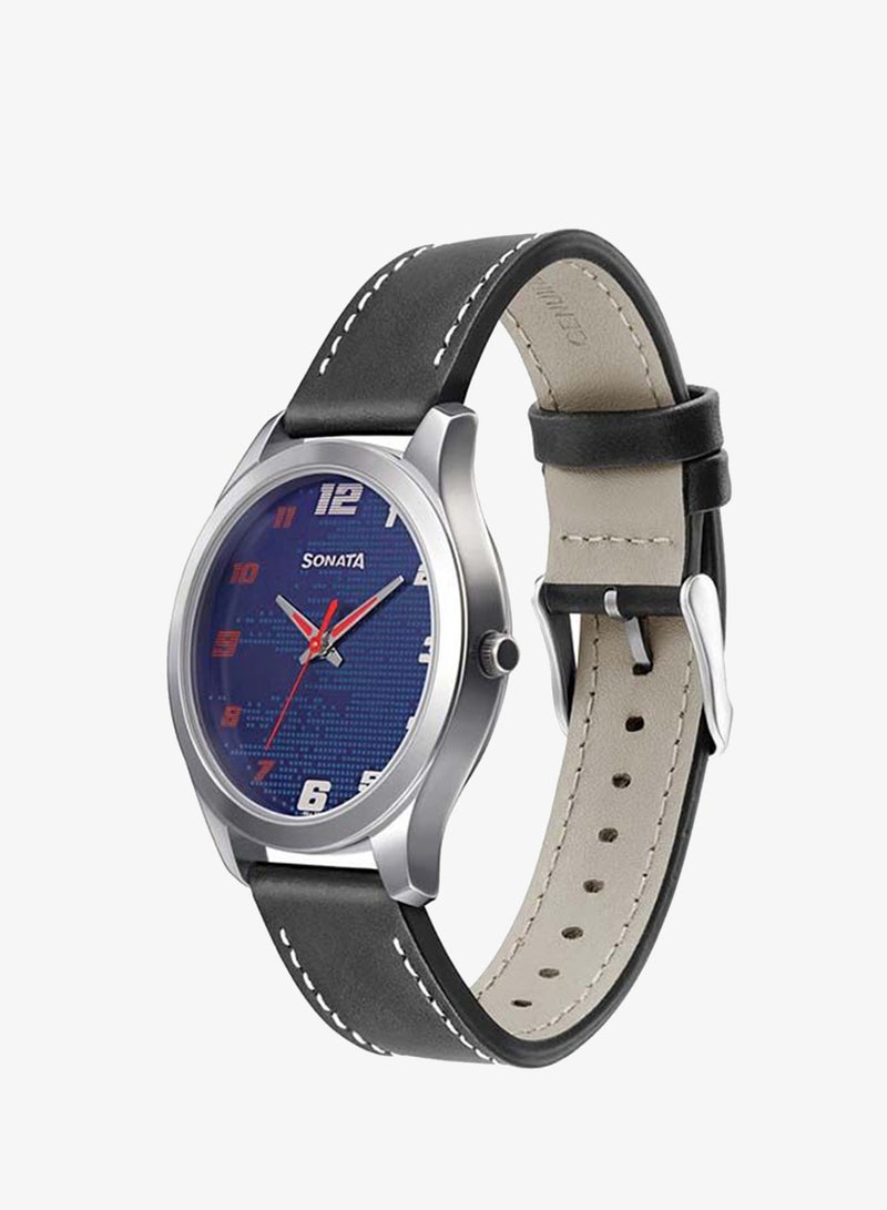 Sonata Round Shape Leather Band Analog Wrist Watch 77063SL07 - Black - Image 3