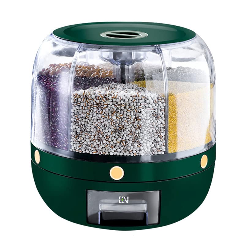 Delavala Large Grain Dispenser, Grain - Rice Storage Container Kitchen, 360° Rotating 6 Grid Cereal Dispenser, Dry Food Soybean Corn Sugar Flour Dog Cat Food spice Rack Dispenser Bucket (Green, 28 cm) - Image 5