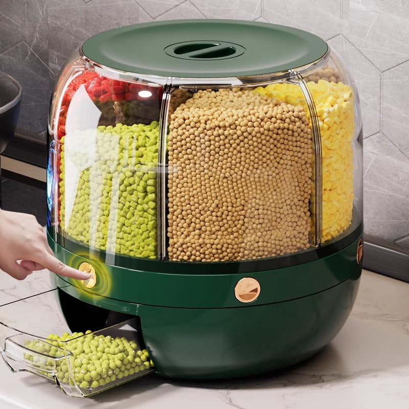 Delavala Large Grain Dispenser, Grain - Rice Storage Container Kitchen, 360° Rotating 6 Grid Cereal Dispenser, Dry Food Soybean Corn Sugar Flour Dog Cat Food spice Rack Dispenser Bucket (Green, 28 cm) - Image 1